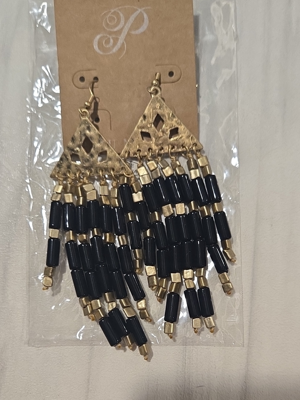 Plunder Black and Gold Beaded Fringe Earrings